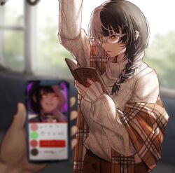 Rule 34 | 1girl, absurdres, alternate costume, alternate hairstyle, arm above head, arm up, baggy clothes, black hair, blurry, blurry background, blurry foreground, book, braid, cable knit, cellphone, expressionless, glasses, hh (hehexd06161704), highres, holding, holding book, holding cellphone, holding phone, holoadvent, hololive, hololive english, long sleeves, multicolored hair, phone, plaid, plaid scarf, pov, pov hands, reading, scarf, shiori novella, side braid, smartphone, split-color hair, standing, streaked hair, sweater, train interior, turtleneck, turtleneck sweater, two-tone hair, virtual youtuber, white-framed eyewear, white hair, white sweater, yellow eyes