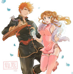Rule 34 | 1boy, 1girl, bleach, bracelet, breasts, brown eyes, china dress, chinese clothes, cowboy shot, double bun, dress, feather boa, hair bun, hair ornament, hairpin, hara hikaru, holding, holding weapon, inoue orihime, jewelry, kurosaki ichigo, large breasts, long hair, looking at viewer, open mouth, petals, pink dress, pink thighhighs, sidelocks, simple background, teeth, thighhighs, weapon, white background