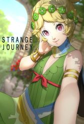 Rule 34 | 1girl, armlet, blonde hair, blurry, blurry background, bracelet, commentary request, copyright name, demeter (megami tensei), dress, flat chest, green dress, hand on own cheek, hand on own face, highres, jewelry, looking at viewer, red eyes, shin megami tensei, shin megami tensei: strange journey, smile, solo, unknown showhey