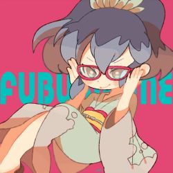 Rule 34 | 10s, 1girl, bespectacled, blue hair, character name, chiyoko (oman1229), fubukihime, glasses, high ponytail, japanese clothes, kimono, long hair, multicolored hair, pink background, purple hair, simple background, solo, traditional youkai, two-tone hair, youkai watch