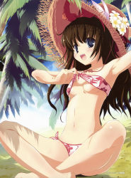 Rule 34 | 1girl, absurdres, arm up, armpits, bandeau, barefoot, beach, bikini, bikini top lift, blue eyes, blush, breasts, brown hair, clothes lift, crossed legs, day, floral print, flower, hat, highres, indian style, legs, lifted by self, long hair, navel, nimura yuuji, open mouth, original, palm tree, side-tie bikini bottom, sitting, small breasts, smile, solo, straw hat, swimsuit, top pull, tree, underboob