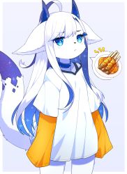 Rule 34 | 1girl, ahoge, blue background, blue hair, border, choker, cowboy shot, dev voxy, female focus, food, frown, furry, furry female, highres, horns, hungry, meat, multicolored hair, original, patterned hair, shirt, skewer, sleeves past wrists, solo, spoken food, tail, two-tone hair, white border, white fur, white hair, white shirt