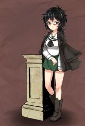 Rule 34 | 1girl, aohashi ame, black eyes, black footwear, black hair, black jacket, black neckerchief, blouse, boots, brown background, closed mouth, commentary request, girls und panzer, glasses, green skirt, haori, highres, jacket, jacket on shoulders, japanese clothes, light frown, long sleeves, looking at viewer, medium hair, messy hair, miniskirt, neckerchief, ooarai school uniform, oryou (girls und panzer), partial commentary, pedestal, pleated skirt, red-framed eyewear, school uniform, semi-rimless eyewear, serafuku, shirt, short ponytail, skirt, solo, standing, under-rim eyewear, white shirt