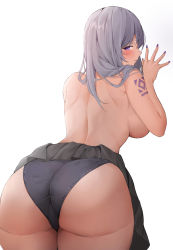 Rule 34 | 1girl, absurdres, ass, ass focus, bent over, black panties, black skirt, breasts, clothes lift, cowboy shot, grey hair, highres, kiro (kirotayu), large breasts, long hair, looking at viewer, looking back, original, panties, purple eyes, shoulder tattoo, simple background, skirt, skirt lift, solo, standing, tattoo, topless, underwear, white background