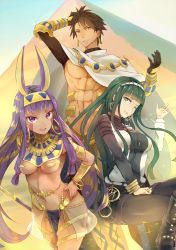 Rule 34 | 1boy, 2girls, :d, ;d, abs, animal ears, armlet, belt, black gloves, blunt bangs, bracelet, breasts, brown eyes, brown hair, cleavage, cleopatra (fate), dark-skinned female, dark-skinned male, dark skin, earrings, egyptian, egyptian clothes, fate/grand order, fate/prototype, fate/prototype: fragments of blue and silver, fate (series), gloves, green eyes, green hair, hand on own hip, highres, hsin, jackal ears, jewelry, large breasts, long hair, looking at viewer, medium breasts, mole, mole under eye, multiple girls, navel, nitocris (fate), one eye closed, open mouth, ozymandias (fate), pantyhose, purple eyes, purple hair, pyramid (structure), revealing clothes, ring, smile, teeth, thighlet