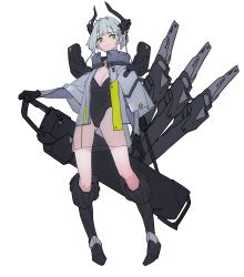 Rule 34 | 1girl, absurdres, armor, black footwear, black gloves, black leotard, breasts, character request, cleavage, closed mouth, copyright request, gloves, grandia lee, grey hair, grey jacket, hand on weapon, highres, horns, huge weapon, jacket, leotard, mecha musume, mechanical horns, multiple swords, pauldrons, scabbard, see-through, sheath, sheathed, short hair, shoulder armor, simple background, standing, weapon, white background, yellow eyes, zipper