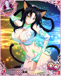 Rule 34 | 10s, 1girl, animal ears, bishop (chess), black hair, blue panties, breasts, card (medium), cat ears, cat tail, chess piece, cleavage, covered erect nipples, crop top, elbow gloves, flower, gloves, hair rings, hairband, heart, high school dxd, high school dxd infinity, kuroka (high school dxd), large breasts, lipstick, long hair, looking at viewer, makeup, midriff, multiple tails, navel, official art, panties, purple lips, shiny skin, skirt, slit pupils, solo, tail, torn clothes, torn skirt, trading card, underwear, white gloves