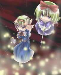 Rule 34 | 1girl, alice margatroid, blonde hair, blue dress, bow, capelet, doll, dress, dust, female focus, flying, foreshortening, full body, glowing, hair bow, hairband, light rays, long sleeves, looking at viewer, magic, miwa maku, red bow, shanghai doll, short hair, solo, standing, touhou