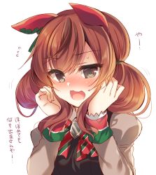Rule 34 | 1girl, @ @, animal ears, blush, brown eyes, commentary request, embarrassed, horse ears, horse girl, looking away, medium hair, nice nature (umamusume), portrait, red hair, short twintails, simple background, solo, suzunone rena, sweat, nervous sweating, translated, twintails, umamusume, white background