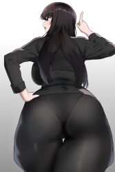 Rule 34 | 1girl, amogan, ass, ass focus, black hair, black panties, black pantyhose, breasts, brown eyes, curvy, from behind, from below, girls und panzer, gradient background, hand on own hip, highres, index finger raised, jacket, large breasts, long hair, looking to the side, nishizumi shiho, no pants, open mouth, panties, panties under pantyhose, pantyhose, simple background, solo, suit jacket, thick thighs, thigh gap, thighs, underwear, wide hips