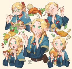 Rule 34 | 1girl, belt, belt pouch, blonde hair, blue capelet, blue robe, bow, braid, burger, capelet, cherry tomato, choker, chopsticks, commentary, cropped torso, dungeon meshi, elf, english commentary, facing viewer, food, fried food, green eyes, hair bow, hand on own face, herb, highres, holding, holding burger, holding chopsticks, holding food, hood, hooded capelet, kibstar, light blush, long hair, marcille donato, multiple views, onion, parted hair, pointy ears, ponytail, pouch, red choker, robe, salad, signature, simple background, tart (food), tomato, twin braids, utensil in mouth, yellow background