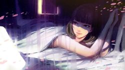 Rule 34 | 1girl, artist name, bed sheet, black hair, blunt bangs, brown eyes, closed mouth, highres, looking to the side, lying, on stomach, original, pink lips, shaded face, solo, wataboku, watermark, weibo watermark