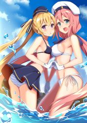 Rule 34 | 2girls, :d, :o, arched back, ass, bad id, bad pixiv id, bare arms, bare shoulders, bikini, black bikini, black headwear, black skirt, blonde hair, blue eyes, blue sky, breasts, day, from side, gloves, groin, hair ribbon, halterneck, hat, highres, holding hands, interlocked fingers, long hair, looking at viewer, low twintails, medium breasts, miniskirt, mismatched bikini, multiple girls, open mouth, original, outdoors, parted lips, pink hair, pleated skirt, purple eyes, ribbon, sailor hat, side-tie bikini bottom, skirt, sky, small breasts, smile, standing, strap gap, string bikini, striped bikini, striped clothes, swimsuit, thighs, twintails, twisted torso, very long hair, wading, water, white bikini, white gloves, white headwear, yuuki yuu