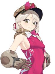 Rule 34 | 1girl, bare shoulders, bow, braid, breasts, brown gloves, brown scarf, cabbie hat, closed mouth, dress, fire emblem, fire emblem engage, framme (fire emblem), gloves, grey hair, hair between eyes, hair ribbon, hands on own hips, hat, highres, long hair, looking at viewer, makino harumaki, multicolored hair, nintendo, pink bow, pink hair, plaid, plaid headwear, plaid scarf, red ribbon, ribbon, scarf, sideboob, simple background, single braid, sleeveless, sleeveless dress, smile, solo, two-tone bow, two-tone hair, upper body, white background, white bow, yellow eyes