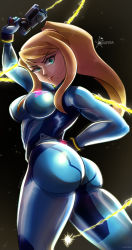 Rule 34 | 1girl, absurdres, aldafera art, aqua eyes, ass, blonde hair, bodysuit, breasts, from behind, gun, highres, huge ass, long hair, looking at viewer, metroid, mole, mole under mouth, nintendo, ponytail, samus aran, shiny clothes, shiny skin, skin tight, smile, solo, weapon, zero suit
