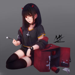 Rule 34 | 1girl, artist name, black-framed eyewear, black choker, black jacket, black shirt, black shorts, black thighhighs, blood, brown hair, choker, commentary request, cross, cross choker, drawstring, glasses, grey background, highres, holding, horns, jacket, latin cross, long hair, long sleeves, looking at viewer, o-ring, o-ring choker, off shoulder, original, parted lips, red eyes, revision, round eyewear, shimmer, shirt, short shorts, short sleeves, shorts, simple background, sitting, skull and crossbones, solo, thighhighs, wristband