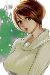 Rule 34 | 1girl, brown eyes, brown hair, hair between eyes, lips, original, parted lips, red lips, ribbed sweater, short hair, solo, sweater, upper body, yellow sweater, yuccoshi