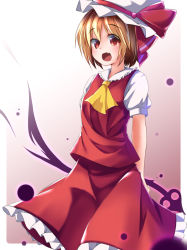 Rule 34 | 1girl, ascot, blonde hair, cosplay, fang, flandre scarlet, flandre scarlet (cosplay), hair ribbon, hat, hat ribbon, laevatein, mob cap, open mouth, pokio, puffy short sleeves, puffy sleeves, red eyes, ribbon, rumia, shirt, short sleeves, skirt, solo, touhou, vest