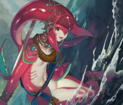 Rule 34 | 1girl, breasts, brown eyes, closed mouth, colored skin, fins, fish girl, from side, hair ornament, highres, holding, holding weapon, jewelry, long hair, looking at viewer, mipha, monster girl, multicolored skin, nintendo, no eyebrows, pointy ears, red hair, red skin, rei (tdn ng), rope, smile, solo, the legend of zelda, the legend of zelda: breath of the wild, water, weapon, yellow eyes, zora