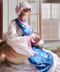 Rule 34 | 1girl, absurdres, animal ears, animal hat, blue tabard, breasts, brown eyes, brown hair, closed mouth, dress, eyelashes, fox ears, fox tail, hands in opposite sleeves, hat, highres, large breasts, mob cap, multiple tails, short hair, sitting, tabard, tail, touhou, white dress, white hat, wide sleeves, yakumo ran, yuuten