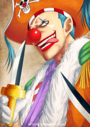 Rule 34 | 1boy, blue hair, buggy the clown, clown, hat, k-suwabe, knife, male focus, one piece, pirate hat, red nose, solo, tongue