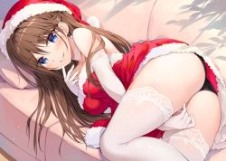 Rule 34 | 1girl, arm between legs, ass, bare shoulders, bed, between legs, black panties, blue eyes, boku no kanojo sensei, breasts, brown hair, choker, christmas, christmas dress, commentary request, dress, earrings, elbow gloves, finger to mouth, fujiki maka, fur trim, gloves, grin, hat, jewelry, long hair, looking at viewer, lying, medium breasts, on bed, on side, oryo (oryo04), panties, parted lips, pillow, red dress, red hat, santa hat, short dress, smile, solo, strapless, strapless dress, thighhighs, underwear, white gloves, white thighhighs