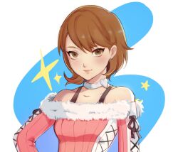 Rule 34 | 1girl, bare shoulders, blush, brown eyes, brown hair, choker, closed mouth, collarbone, commentary, earrings, fur-trimmed sweater, fur trim, heart, heart choker, jewelry, long sleeves, looking at viewer, mallows, off-shoulder sweater, off shoulder, official alternate costume, persona, persona 3, persona 3 reload, pink sweater, ribbed sweater, short hair, smile, solo, sparkle, star (symbol), stud earrings, sweater, takeba yukari, upper body, white choker