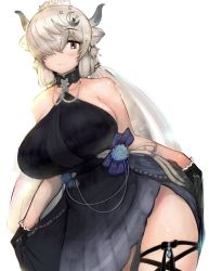 Rule 34 | 1girl, animal ears, bare arms, bare shoulders, black dress, black horns, blonde hair, breasts, brown eyes, closed mouth, clothes lift, cowboy shot, crescent, crescent hair ornament, curvy, dress, dress lift, extra ears, flower, gloves, grey horns, hair ornament, hair over one eye, highres, horns, huge breasts, kemono friends, leaning to the side, leg ribbon, lifted by self, light blush, light smile, long hair, looking at viewer, multicolored horns, official alternate costume, ox ears, ox horns, ribbon, shibori kasu, sidelocks, skindentation, sleeveless, sleeveless dress, smile, solo, thigh ribbon, thigh strap, twintails, very long hair, wide hips, yak (kemono friends)