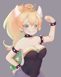 Rule 34 | 1girl, aqua eyes, aqua gemstone, armlet, artist name, bare shoulders, black bracelet, black choker, black dress, blonde hair, bowsette, bracelet, breasts, choker, cleavage, clenched hand, colored eyelashes, commentary, dress, earrings, english commentary, fang, flexing, gold headwear, grey background, grin, horns, jewelry, kikkidream, large breasts, long hair, looking at viewer, mario (series), new super mario bros. u deluxe, nintendo, open mouth, ponytail, sleeveless, sleeveless dress, smile, solo, sphere earrings, spiked armlet, spiked bracelet, spiked choker, spiked shell, spikes, super crown, upper body, white horns