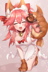 Rule 34 | 1girl, absurdres, animal ear fluff, animal ears, apron, bare shoulders, bell, blush, bow, breasts, candy, cat hair ornament, chiri 214, chocolate, chocolate heart, cleavage, closed eyes, collar, fate/extra, fate/grand order, fate (series), food, fox ears, fox girl, fox tail, frills, hair between eyes, hair bow, hair ornament, heart, highres, jingle bell, kneeling, large breasts, long hair, naked apron, neck bell, open mouth, outstretched arm, pink hair, ponytail, red bow, sideboob, sidelocks, smile, solo, tail, tamamo (fate), tamamo cat (fate), tamamo cat (third ascension) (fate), thighhighs, thighs, white apron, white thighhighs