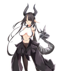 Rule 34 | 1girl, black diablos, black eyes, black hair, black pantyhose, breasts, breasts apart, covered erect nipples, highres, horns, long hair, miao yao cha, monster hunter, monster hunter: world, monster hunter (series), navel, pantyhose, personification, pointy ears, solo, tail, very long hair