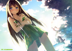 Rule 34 | 1girl, absurdres, ayase sayuki, bare shoulders, black hair, blush, breast hold, breasts, casual one-piece swimsuit, cleavage, day, dress, green one-piece swimsuit, highres, kantoku, long hair, one-piece swimsuit, outdoors, purple eyes, small breasts, solo, swimsuit, wading, wardrobe malfunction, water, your diary