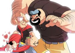 Rule 34 | 1girl, 2boys, angry, bluto, eslam aboshady, evil smile, hat, heart, highres, multiple boys, muscular, muscular male, olive oyl (popeye), pipe in mouth, popeye, popeye the sailor, sailor, smile, smoking pipe, spinach