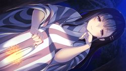 Rule 34 | 1girl, black hair, blush, closed mouth, female focus, fireworks, forest, from below, game cg, hair ornament, hairclip, hand up, head rest, holding, japanese clothes, kimono, legs, long hair, looking at viewer, mama x kano+, nature, night, original, outdoors, pink eyes, ryuuki yumi, sky, smile, solo, sparkler, sparks, squatting, striped, takatsuki yuuna, thighs, tree, wide sleeves, yukata