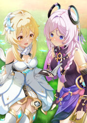 2girls absurdres arm_markings bare_shoulders black_leotard blonde_hair blue_eyes blush book book_on_lap boots bracelet braid breasts citlali_(genshin_impact) cleavage closed_mouth commentary_request cryo_symbol_(genshin_impact) day detached_sleeves dress facial_mark feather_hair_ornament feathers feet_out_of_frame floating_hair_ornament flower frown genshin_impact gold_armlet gold_bracelet grass hair_flower hair_intakes hair_ornament highres holding holding_book jewelry large_breasts leotard long_hair looking_at_object lumine_(genshin_impact) medium_breasts multiple_girls nail_polish on_grass open_book open_mouth outdoors pink_hair pink_pupils purple_nails reading revision short_hair_with_long_locks sitting sleeveless_leotard small_sweatdrop suraberu thigh_boots triangle triangle_facial_mark twin_braids vision_(genshin_impact) white_dress white_footwear yellow_eyes