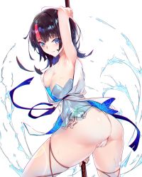 Rule 34 | 1girl, armpits, ass, back, bare shoulders, black hair, blue eyes, blue ribbon, blush, breasts, collarbone, dress, fate/grand order, fate/requiem, fate (series), fundoshi, highres, japanese clothes, jewelry, looking at viewer, magatama, magatama hair ornament, medium breasts, medium hair, multicolored hair, necklace, pelvic curtain, pink hair, polearm, ribbon, seigaiha, short dress, sideboob, sideless outfit, spear, streaked hair, sunday se7en, thighs, utsumi erice, weapon, white dress