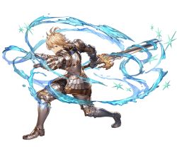 Rule 34 | 10s, 1boy, armor, blonde hair, blue eyes, full body, granblue fantasy, holding, holding sword, holding weapon, male focus, minaba hideo, official art, pointing, pointing at viewer, romeo (granblue fantasy), solo, sword, transparent background, water, weapon