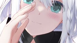 1girl blush close-up commentary_request extra_ears fox_girl green_eyes hair_between_eyes hololive looking_at_viewer portrait shirakami_fubuki shirata98 smile solo virtual_youtuber white_hair