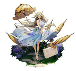 Rule 34 | 1girl, armlet, bare shoulders, breasts, dress, earrings, flower, full body, hair between eyes, hair flower, hair ornament, hair ribbon, han-0v0, highres, hydrangea, jewelry, large breasts, looking at viewer, platinum blonde hair, ribbon, signature, simple background, solo, song of time, suitcase, umbrella, white background, yellow eyes