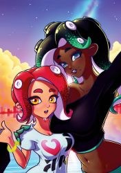 Rule 34 | 2girls, agent 8 (splatoon), arm around shoulder, black hair, blush, borrowed character, bracelet, breast rest, breasts, cephalopod eyes, cleavage, clothes writing, commentary, crop top, dark-skinned female, dark skin, deliciousorange, dusk, english commentary, fang, green eyes, green hair, group picture, height difference, highres, jewelry, large breasts, lipstick, long hair, makeup, marina (splatoon), medium breasts, midriff, multicolored eyes, multicolored hair, multiple girls, navel, night, night sky, nintendo, ocean, octoling, octoling player character, open mouth, orange eyes, purple eyes, purple lips, red hair, selfie, shirt, short hair, single sleeve, sky, smile, splatoon (series), splatoon 2, suction cups, t-shirt, thick eyebrows, two-tone hair