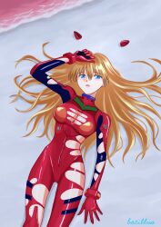 Rule 34 | 1girl, absurdres, bacillus, blue eyes, bodysuit, breasts, brown hair, embarrassed, evangelion: 3.0+1.0 thrice upon a time, hair down, hair ornament, highres, interface headset, long hair, looking at viewer, lying, medium breasts, neon genesis evangelion, open mouth, plugsuit, rebuild of evangelion, red bodysuit, shiny clothes, simple background, skin tight, solo, souryuu asuka langley, torn bodysuit, torn clothes, very long hair