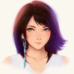 Rule 34 | 1girl, blue eyes, brown hair, closed mouth, commentary, english commentary, final fantasy, final fantasy x, green eyes, hair ornament, heterochromia, jewelry, looking at viewer, miura-n315, necklace, short hair, simple background, smile, solo, swept bangs, yuna