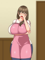 Rule 34 | 1girl, apron, breasts, brown hair, closed eyes, female focus, huge breasts, jewelry, long hair, mature female, open mouth, ring, smile, source request, yuuhoku.