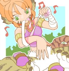 Rule 34 | 1girl, animal ears, armlet, bandaged arm, bandages, body fur, breath of fire, breath of fire ii, facial mark, green eyes, mouth hold, musical note, orange hair, rinpoo chuan, sharp toenails, short hair, sicky (pit-bull), solo, tail, tiger ears, tiger girl, tiger tail, toenails, whisker markings