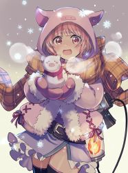 Rule 34 | 1girl, animal hood, belt, belt buckle, black thighhighs, breath, brown background, buckle, buhitter, buhitter-chan, commentary request, cowboy shot, dot nose, flamethrower, fur-trimmed jacket, fur trim, gradient background, heart, highres, hood, jacket, looking at viewer, mittens, open mouth, pig hood, pink eyes, pink hair, pink jacket, pink mittens, plaid, plaid scarf, red ribbon, ribbon, scarf, second-party source, shida (xwheel), snowflakes, snowman, solo, thighhighs, weapon, winter clothes