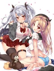 Rule 34 | 2girls, alternate costume, antenna hair, ass, azur lane, bad id, bad twitter id, bag, barefoot, black hat, black legwear, black ribbon, black skirt, blonde hair, blue panties, blush, bow, bowtie, bra, breasts, butt crack, cardigan, choker, cleavage, cleveland (azur lane), collarbone, collared shirt, condom, condom packet strip, condom wrapper, crop top, crop top overhang, female focus, finger to mouth, from behind, grey cardigan, hair between eyes, hair ornament, hair ribbon, hat, holding, holding bag, holding petal, kneeling, large breasts, lingerie, long hair, looking at viewer, looking back, medium breasts, mole, mole on breast, multicolored hair, multiple girls, navel, nijimoto hirok, one side up, open cardigan, open clothes, open mouth, panties, parted bangs, partially unbuttoned, petals, pink bra, plaid, plaid panties, plaid skirt, pleated skirt, prinz eugen (azur lane), red eyes, red hair, red neckwear, red skirt, ribbon, school bag, school uniform, see-through, shirt, side-tie panties, silver hair, simple background, single thighhigh, sitting, skindentation, skirt, smile, soles, streaked hair, sweatdrop, thigh strap, thighhighs, thighs, two side up, underwear, unworn skirt, unworn thighhighs, very long hair, wariza, white background, white shirt