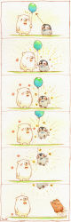 Rule 34 | &gt; &lt;, 6koma, animal, arrow (symbol), artist name, balloon, bear, bird, blush, bow, bowtie, colored pencil (medium), comic, closed eyes, facing another, floating, highres, holding, holding balloon, looking at another, musical note, musical note request, no humans, original, painting (medium), penguin, red bow, red neckwear, speed lines, st.kuma, sweat, traditional media, watercolor (medium)