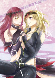 Rule 34 | 10s, 2girls, bare shoulders, black gloves, blonde hair, breasts, detached sleeves, eye contact, glasses, gloves, hasami rein, holding hands, interlocked fingers, lady j, large breasts, long hair, looking at another, multiple girls, nail polish, purple eyes, purple hair, sitting, sunglasses, valkyrie drive, valkyrie drive -mermaid-, xieyuan, yellow eyes, yuri