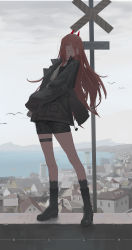 Rule 34 | 1girl, boots, building, chainsaw man, cloud, cloudy sky, commentary request, cross-shaped pupils, demon girl, demon horns, grin, highres, horns, jacket, knee boots, long hair, looking at viewer, outdoors, pink hair, power (chainsaw man), red horns, ruochongsang, sharp teeth, shirt, sign, sky, sleeves past wrists, smile, solo, standing, symbol-shaped pupils, teeth, warning sign, water, white shirt, yellow eyes