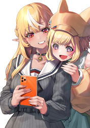 Rule 34 | + +, 2girls, absurdres, animal ears, black choker, blonde hair, blue dress, brown headwear, cellphone, choker, commentary request, dark-skinned female, dark skin, dress, drooling, elf, fake animal ears, grin, hand on another&#039;s shoulder, highres, holding, holding phone, hololive, long sleeves, mikan (chipstar182), multicolored hair, multiple girls, omaru polka, omaru polka (street casual), open mouth, phone, pink hair, pointy ears, puffy long sleeves, puffy sleeves, purple eyes, red eyes, sailor collar, shiranui flare, shiranui flare (street), smartphone, smile, streaked hair, striped clothes, striped dress, tongue, tongue out, vertical-striped clothes, vertical-striped dress, virtual youtuber, white hair, white sailor collar